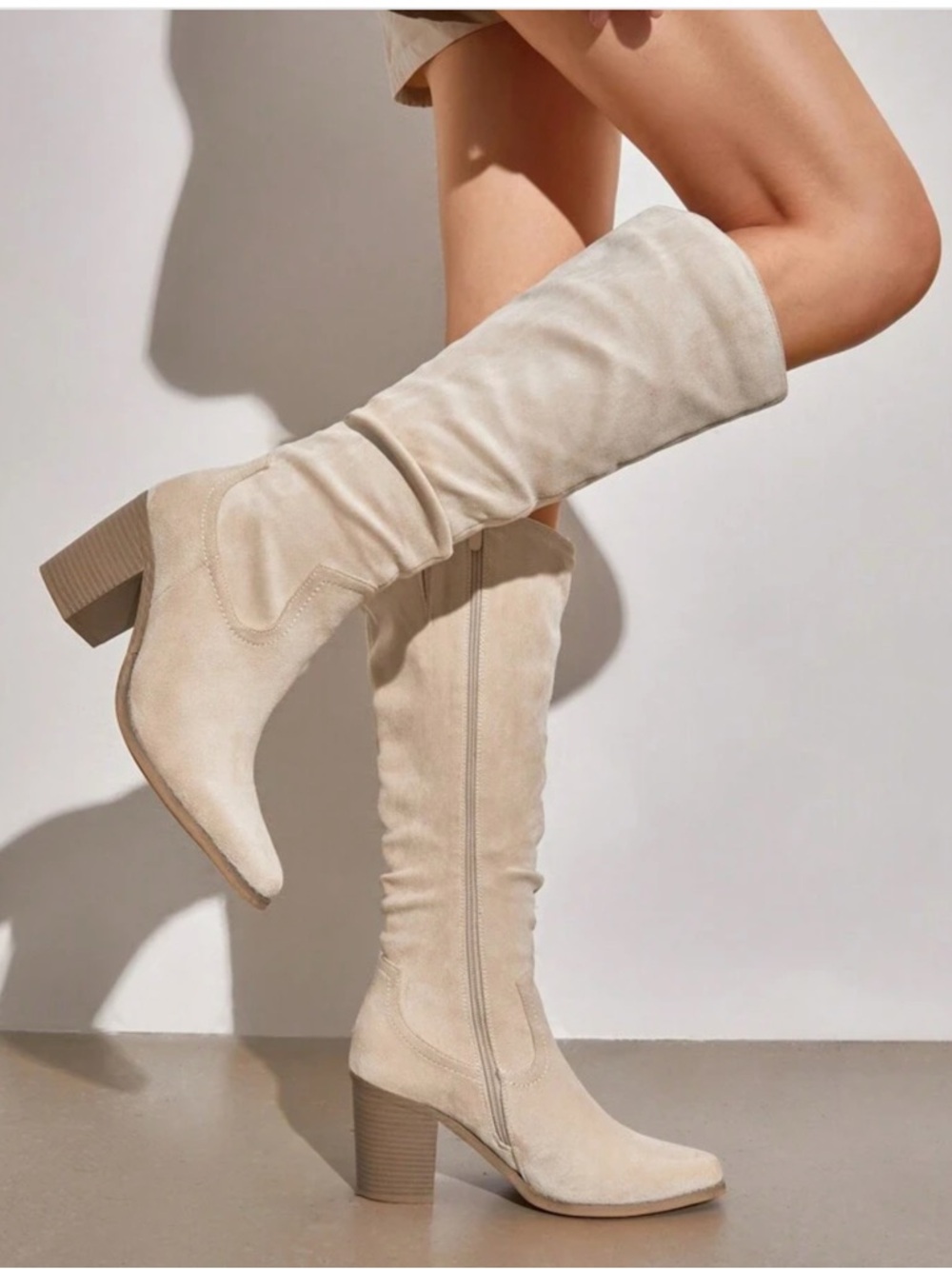 Women's Knee-High Block Heel Boots in Light Beige